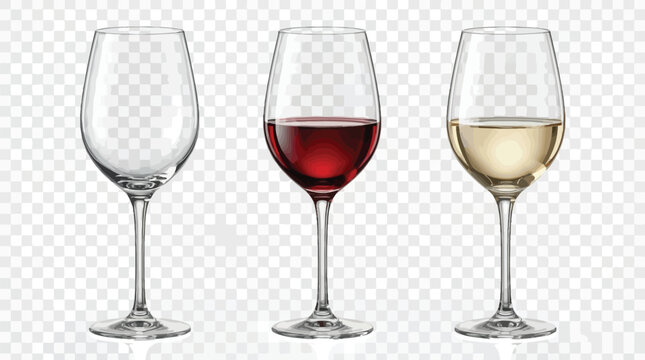 Three elegant crystal wine glasses featuring empty red and white wine in a vector graphic design