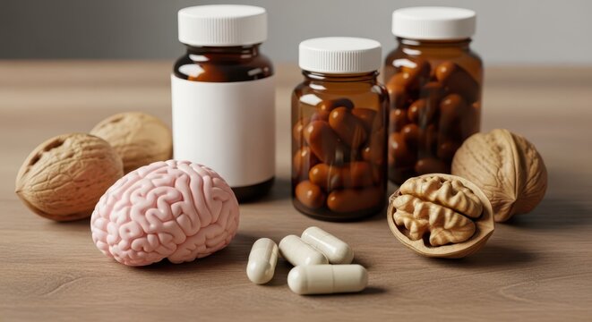 Brain health supplements and brain model surrounded by walnuts and capsules, symbolizing cognitive support and mental wellness