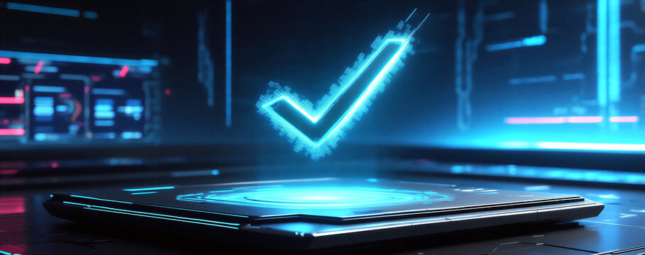 Futuristic holographic checkmark above digital device with tech background