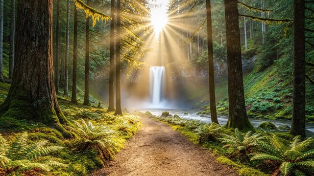 Lush forest landscape with sun rays illuminating a waterfall through tall trees along a walking path