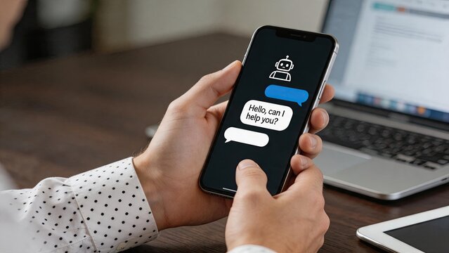 Chatbot conversation on smartphone screen, artificial intelligence assistant helping customer service, messaging app interface, automated support system, digital communication