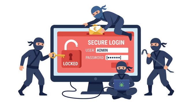 Flat vector illustration of masked ninjas attempting to hack a secure computer login screen display