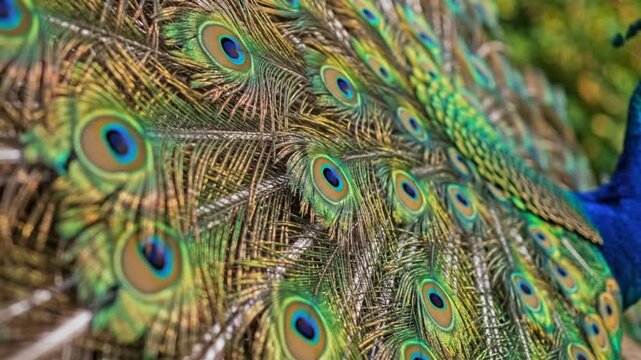 Close-up of a vibrant peacock with its beautiful iridescent feathers displayed in detail with focus on texture and color
