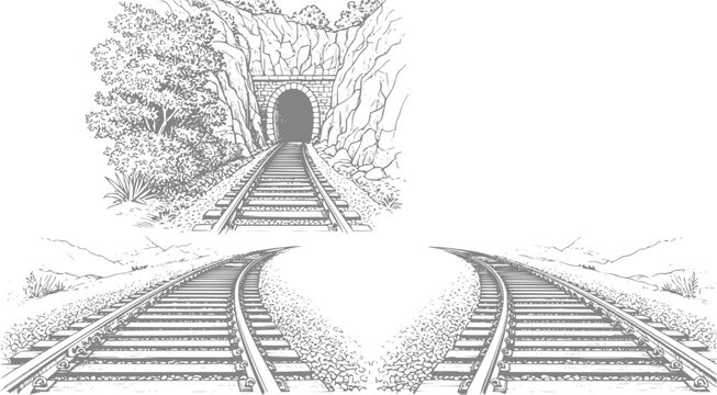 Railroad tracks leading to a tunnel and a diverging path