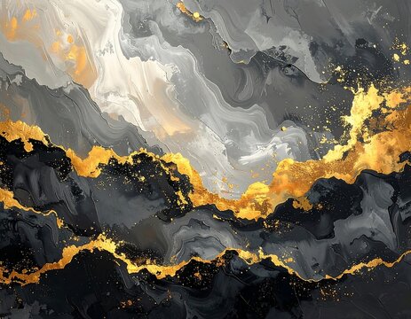 Flowing Abstract Gray and Gold Marble Texture with Dramatic Contrast