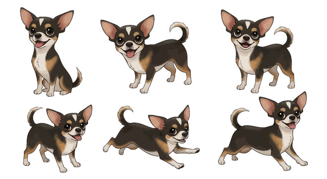 Dynamic collection of cute cartoon Chihuahua dog illustrations in various poses sitting, standing, walking, running, and trotting, ideal for pet designs or animated content