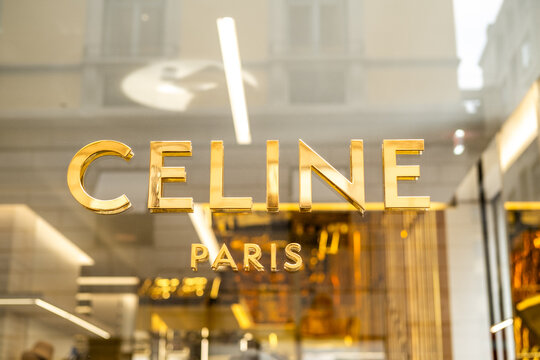 Celine Paris Gold Storefront Logo On Luxury Fashion Boutique Window In Urban Shopping District Milan Italy May 14, 2026