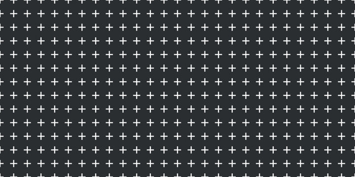 Large white plus symbols arranged in seamless grid over charcoal background forming clean geometric pattern for modern wallpaper, textile prints, branding projects, packaging and web layouts