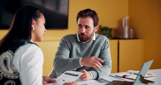 Explain, laptop and meeting with business people in office for development or discussion. Collaboration, computer and documents with man speaking to woman in workplace for feedback, report or review