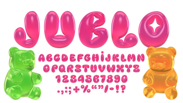 Pink 3D Y2K gummy bubble alphabet typeface with letters and numbers