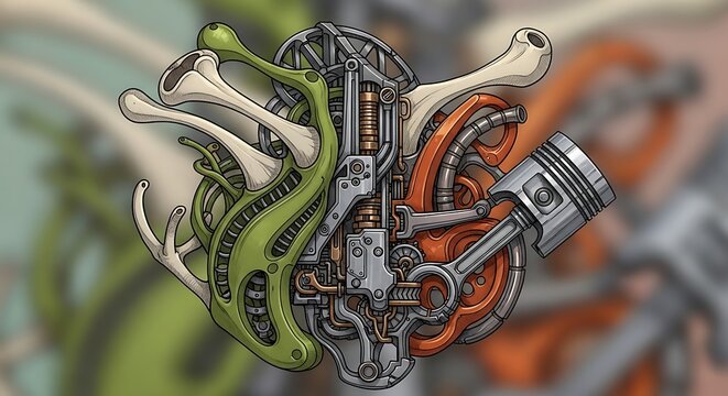 Mechanical dragon head with green and orange pipes.