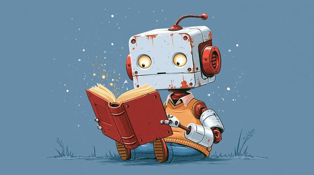 Robot student holds a book for art or coloring.