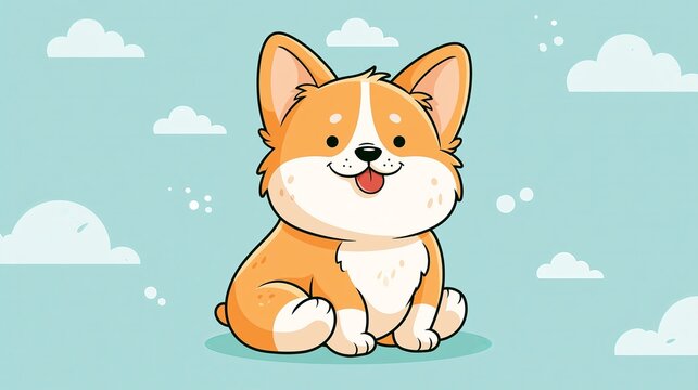 Small dog sits playfully, tongue out, smiling. Soft, orange, cartoon corgi with dots for eyes. Cute pet in pastel colors.
