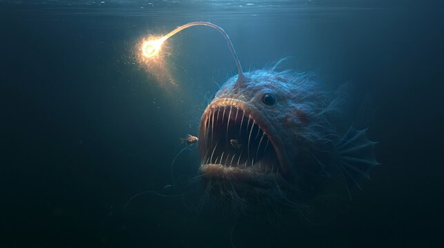 Fishing lure attracts small fish to mouth of anglerfish.