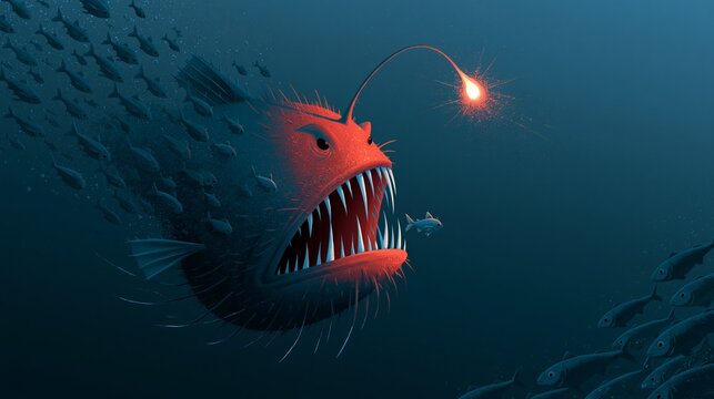 Fishing lure attracts small fish to mouth of anglerfish.
