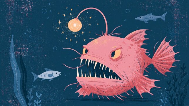 Fishing lure attracts small fish to mouth of anglerfish.
