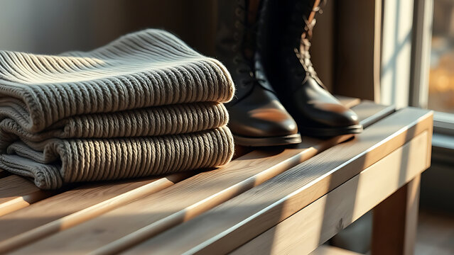 Autumn Cozy Wardrobe Concept With Soft Knitted Scarf Fabrics Layer And Dark Stylish Leather Boots