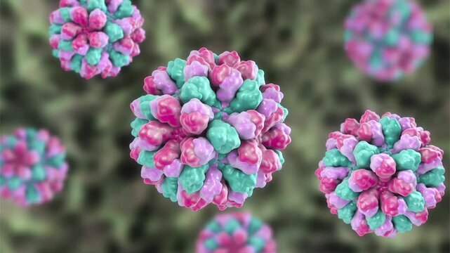 Norovirus particles, 3D animation showing slowly rotating non-enveloped virions with icosahedral capsid, illustrating highly contagious cause of acute gastroenteritis.