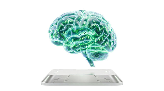 Futuristic glowing green brain hologram, digital human brain projection, advanced artificial intelligence concept, neural network technology, innovative medical research display.