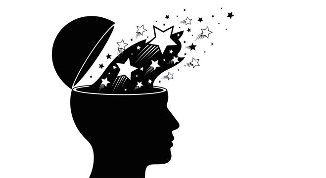 Silhouette of a head with stars exploding from an open mind
