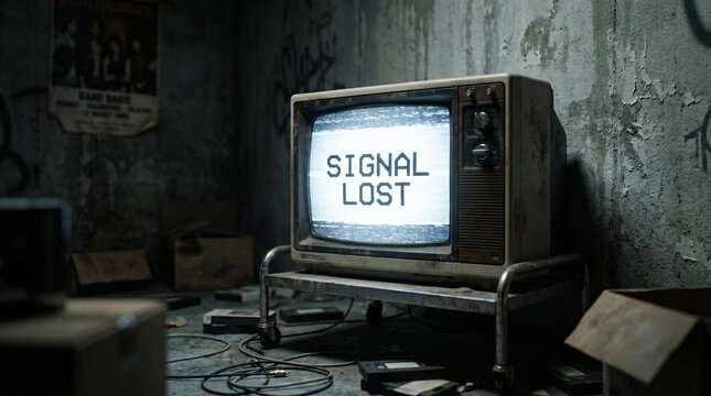 A vintage cathode ray tube television set displaying the text signal lost on a flickering screen with analog static noise and classic brown plastic casing.