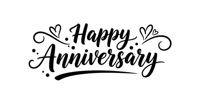 Happy Anniversary script text with hearts and swirls, black on white background