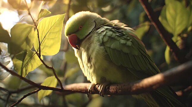 Green parrot perched on a branch in sunlit forest setting