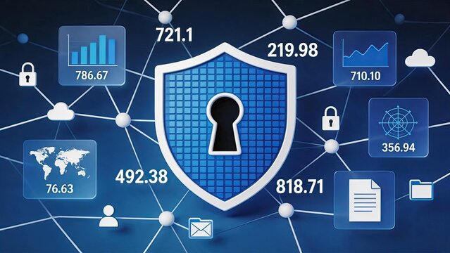 Cybersecurity concept illustration featuring a blue shield with keyhole, surrounded by data charts, graphs, cloud icons and security locks on a digital network background,