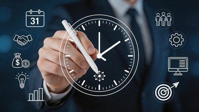 Hand drawing clock and business icons representing time management, productivity, teamwork, finance, and strategy concepts for corporate success and professional goal achievement