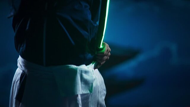 Mysterious Ninja Unsheathing Glowing Green Blade