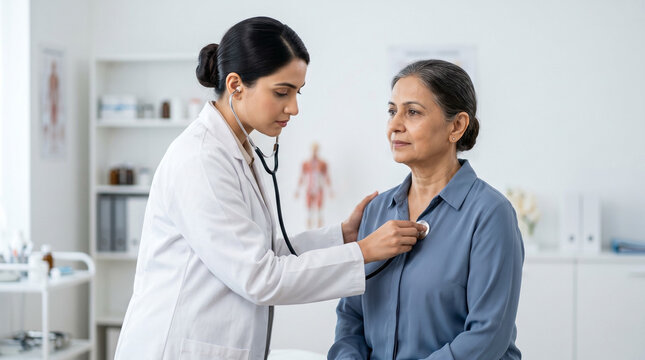 Indian female doctor performing routine medical examination on senior female patient in modern outpatient clinic for preventive healthcare and senior wellness concept