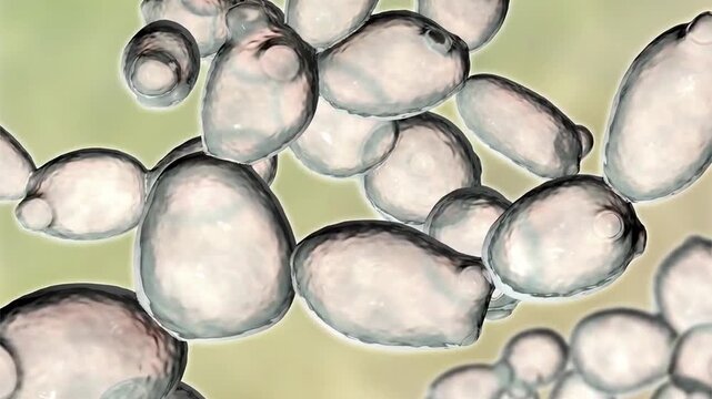 Saccharomyces yeast cells, 3D animation showing slowly rotating budding cells, illustrating probiotic yeast and beneficial microflora used in biotechnology and gut health.