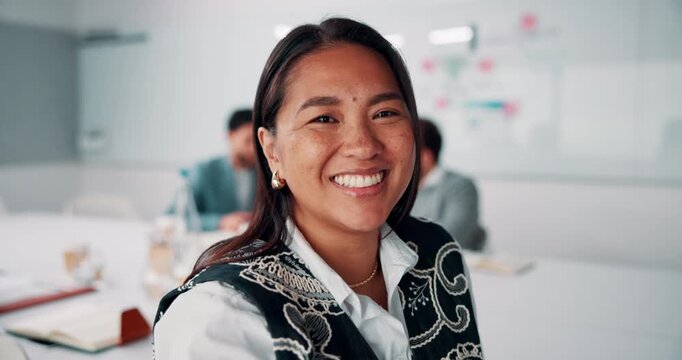 Meeting, smile or woman in office with face, about us and opportunity in budget analysis. Happy, business or finance director in boardroom with laugh, confidence or ambition in revenue management.
