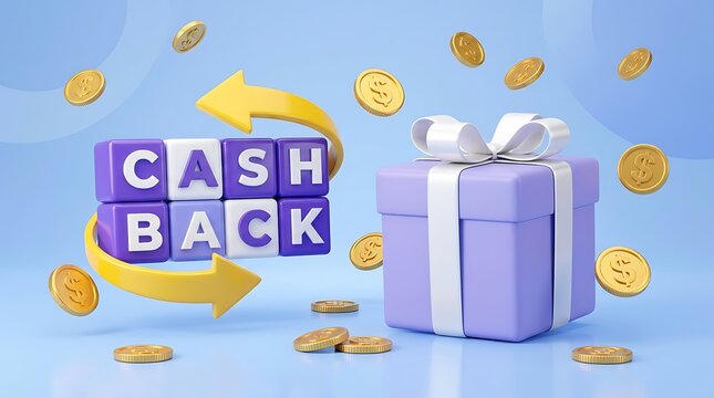 Cashback rewards concept with purple gift box and gold coins, financial return program illustration, loyalty bonus and money refund service