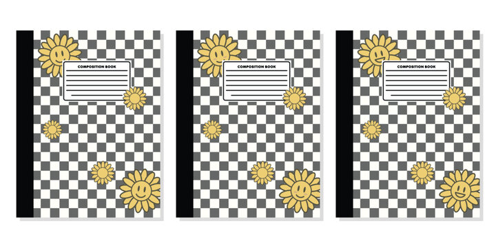 Retro Smiling Daisy Flower Checkerboard Composition Notebook Cover Design Template, Cute 90s Nostalgia Yellow Floral Aesthetic Checkered Vector Illustration for KDP Print on Demand