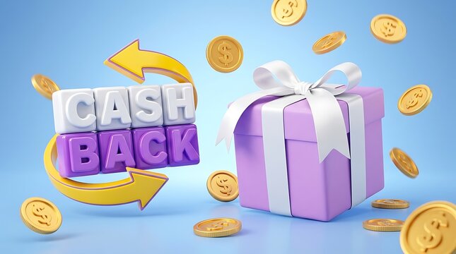 Cashback rewards concept with 3D purple gift box and gold coins, money back guarantee promotion, loyalty program bonus and financial refund offer