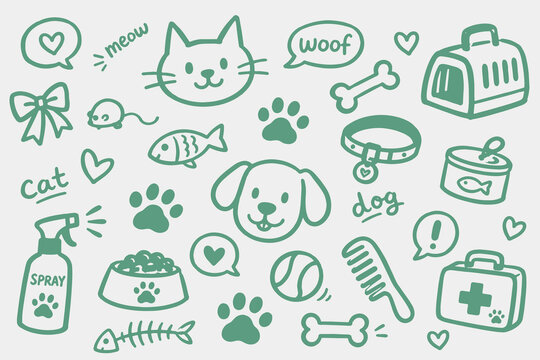 Cat and Dog Pet Care Sketch Doodle Set Vector