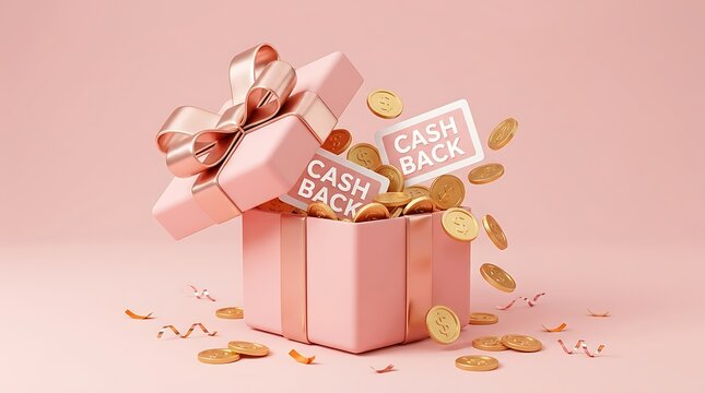 Cashback rewards concept with pink gift box, gold coins and cashback cards flying out, financial bonus and loyalty program marketing