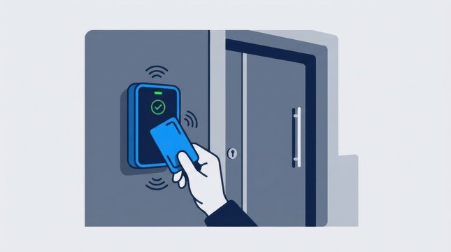 A security guard activates an access control reader with a card to ensure authorized entry at the facility door during their work hours.
