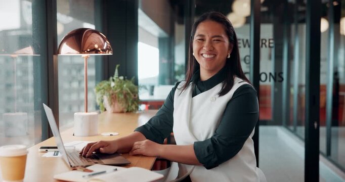Face, laptop and happy woman in cafe for remote work, confidence or financial consultant with pride. Portrait, computer or Asian person in coffee shop for freelance business, wealth advisor and smile
