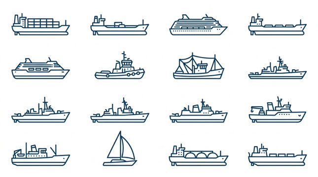 Collection of Various Types of Ships and Boats Illustrations