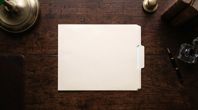 A blank manila file folder sits centered on a dark wooden surface featuring high quality paper texture and clean edges for professional business document mockups.