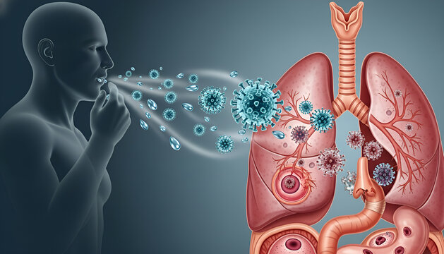 A 3D medical illustration showing the transmission of viruses or bacteria through droplets when a person coughs or sneezes, invading and infecting human lungs.