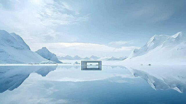 Digital white snow mountains and water surface architectural scenes background