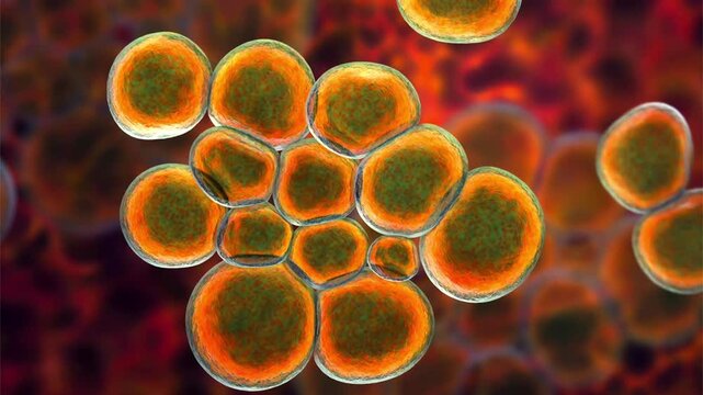 Ureaplasma bacteria, 3D animation showing slowly rotating wall-less bacterial cells, illustrating small mollicutes associated with urogenital tract infections.