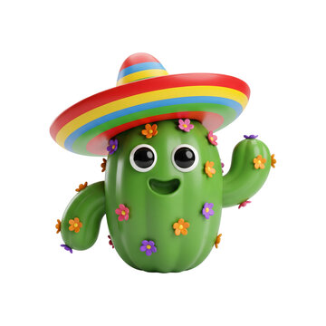 Cute cartoon cactus character wearing a colorful sombrero hat isolated on transparent background