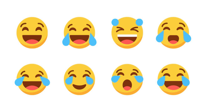 Set of Happy Laughing Emoji Faces with Tears of Joy, Vector Icons