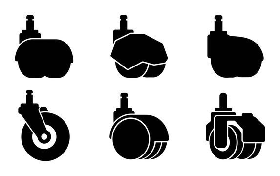 Caster wheel icons, black and white casters, industrial wheel symbols, furniture rollers