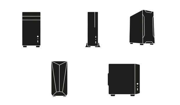 Computer tower icons, server cabinet graphics, black IT equipment, vector illustrations