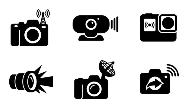 Camera, photography, icon set, black and white, vector graphics, 6 symbols
